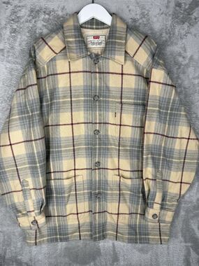 Vtg 90s Levis Chore Coat Mens Medium Oversized Plaid Shacket Wool Blend Button
